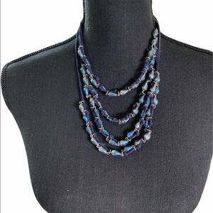 Sparkly blue glass multi strand necklace on satin rope/ silver